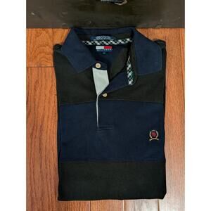 Vtg 2000s Tommy Hilfiger Long Sleeve Polo Shirt Mens L Green Blue Striped Y2k